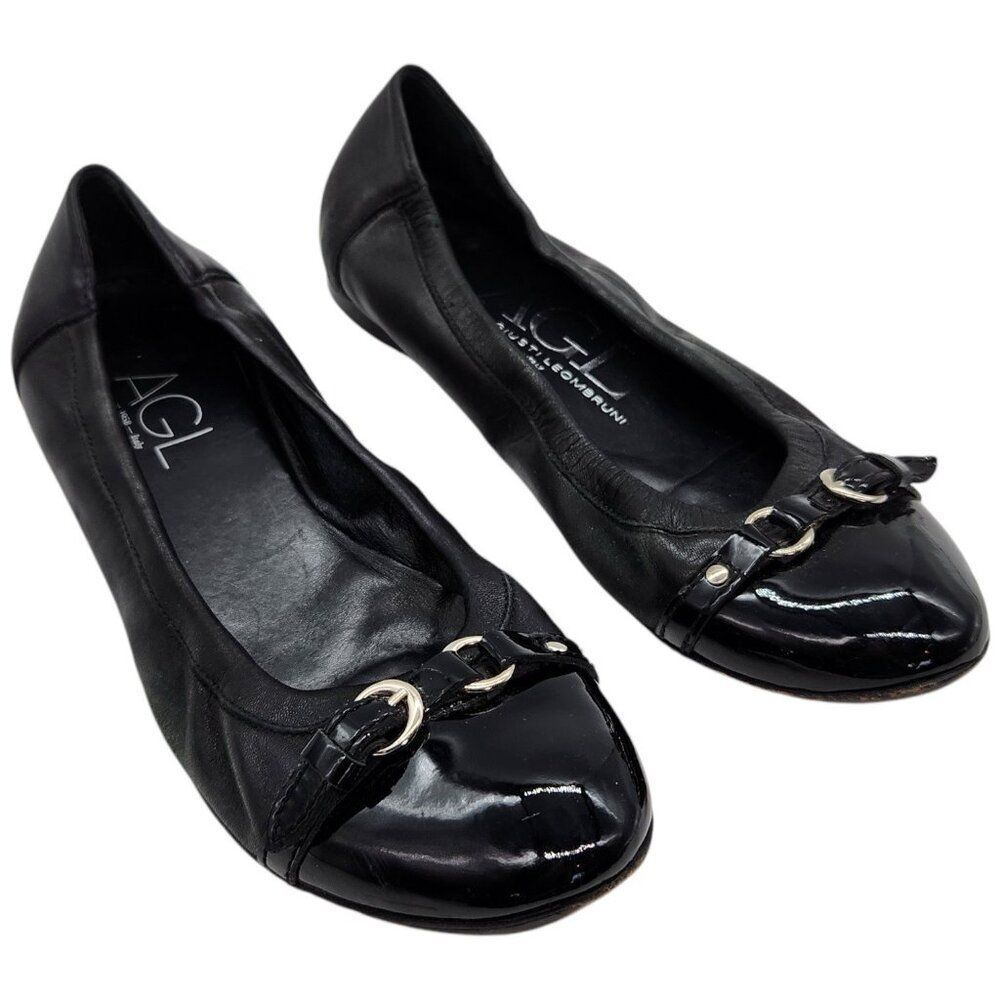 AGL Monika Patent Cap Toe Ballet Flats 40 Buckle Ballerina Calfskin Black Leathe